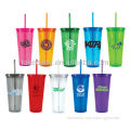LAKE colorful double wall plastic cup with lid and straw